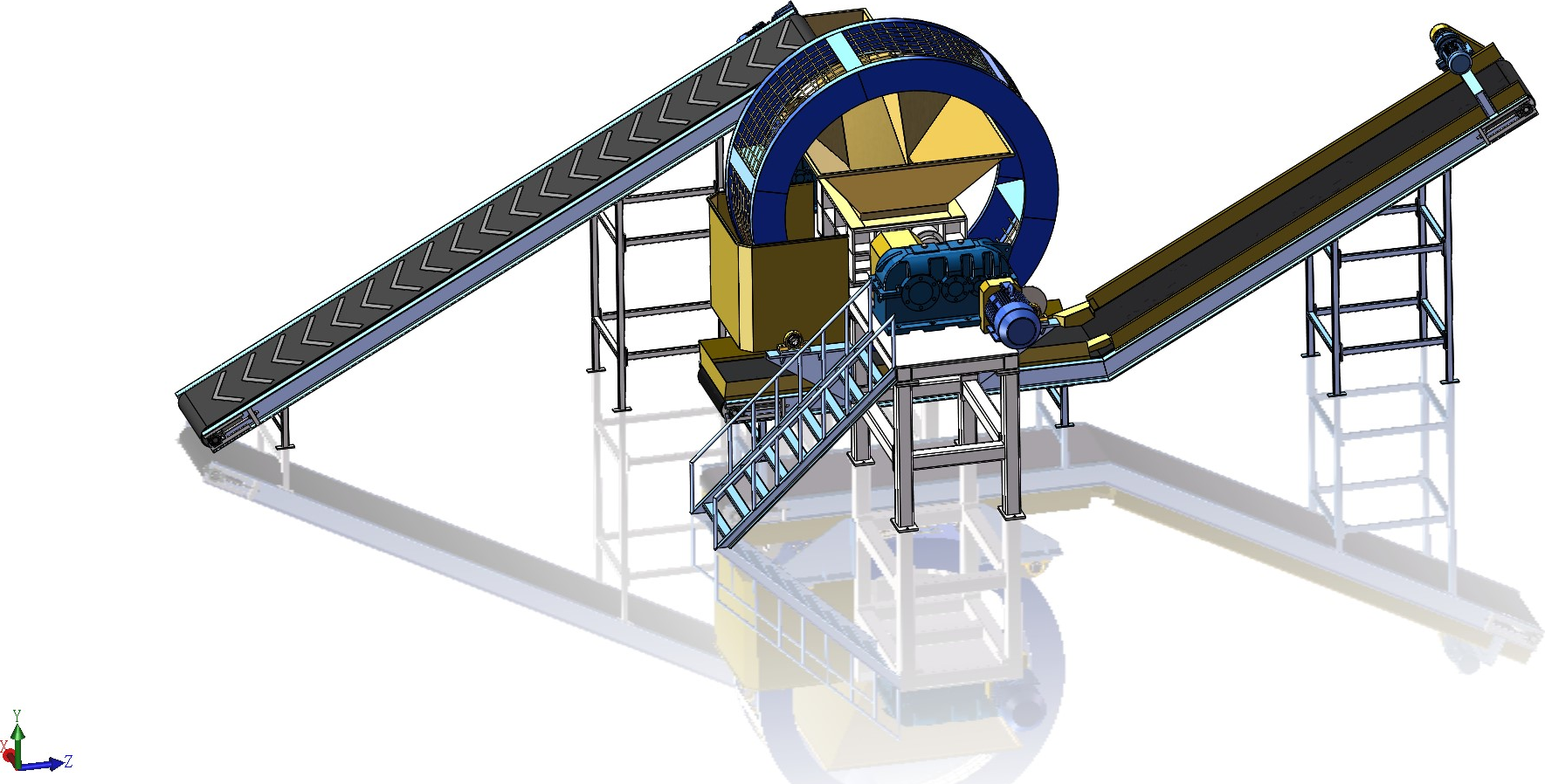 Level 305 Model 1200 double-shaft tire shredder with feed and discharge conveyors